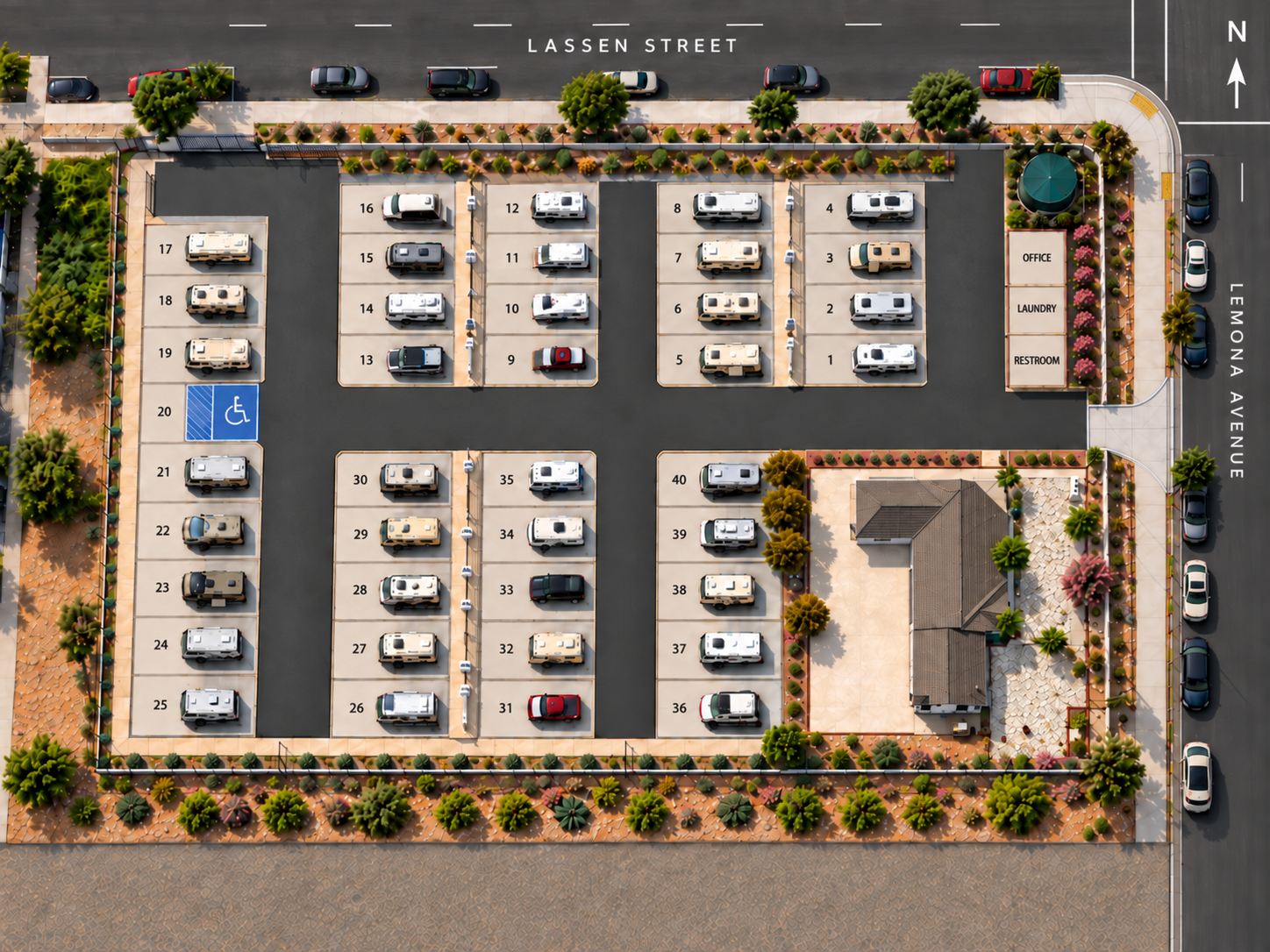 Silverland RV Park lot map along Lassen Street and Lemona Avenue